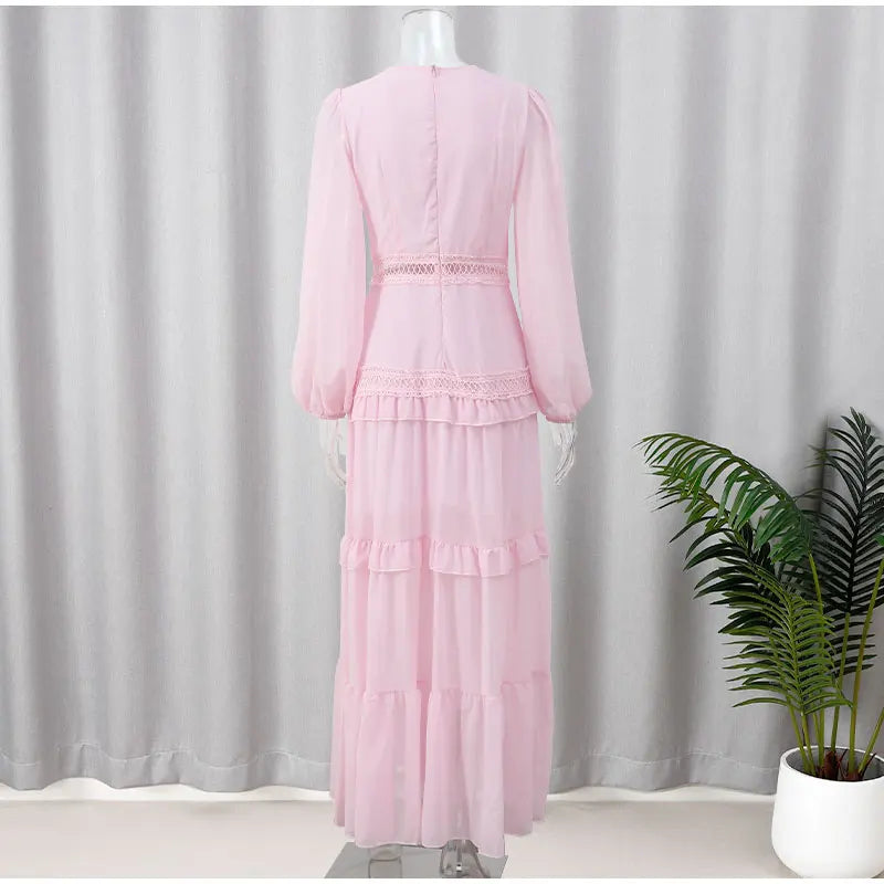 Women Elegant Layered Ruffles Patchwork Long Dress Chic V Neck Puff Full Sleeves Split Maxi Dresses Fashion Lady Party Robes - Seprincess