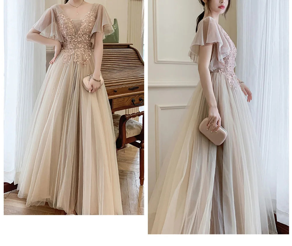 4 styles Champagne Pink Bridesmaid Dress Women's Elegant Off Shoulder Ruffles Sleeves Gown Sequins Flower Applique Vestido