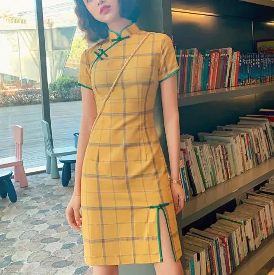 Summer Stripe Vintage Patterns Cotton Qipao Plaid Dress Cheongsam Qipao Chinese Dress Modern 2024 Improved Cheongsam Retro Dress - Seprincess