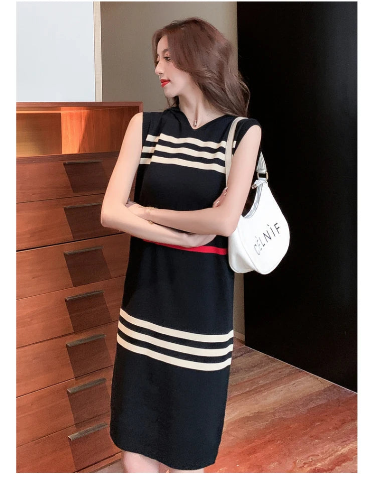 YUQI Basic Striped Knitted Dress Summer Casual Loose Hooded Sleeveless Knee-Length Dresses for Women 2024 Elegant Sweet Vestidos