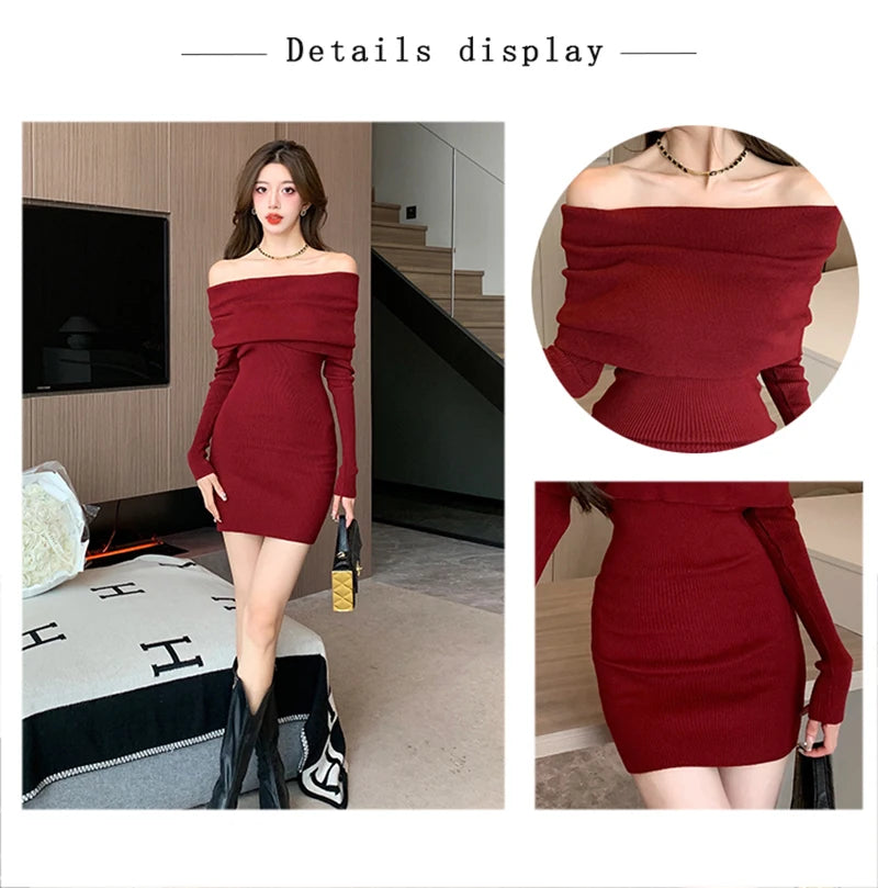 Sexy Slash Neck Mini Dress Women Vintage Elegant Black Wrap Sweater Dresses Winter Korean Red Off Shoulder Bodycon Vestidos New - Seprincess