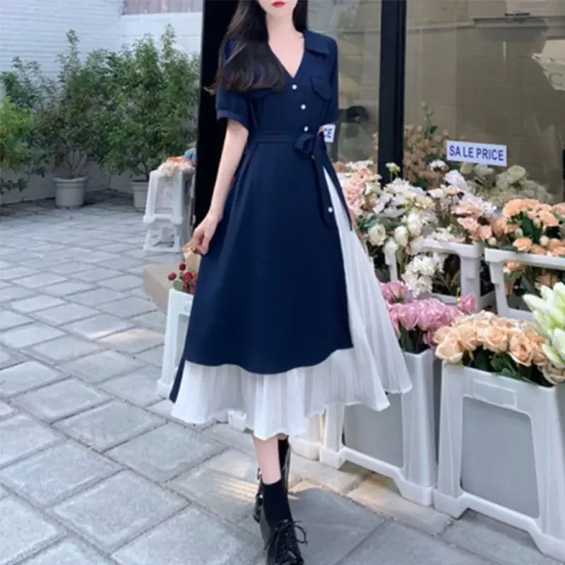 2024 Summer New Vintage French V-neck Long Dress Slimming Waist-fitted Sensible Niche Elegant Vestment Irregular Dress - Seprincess