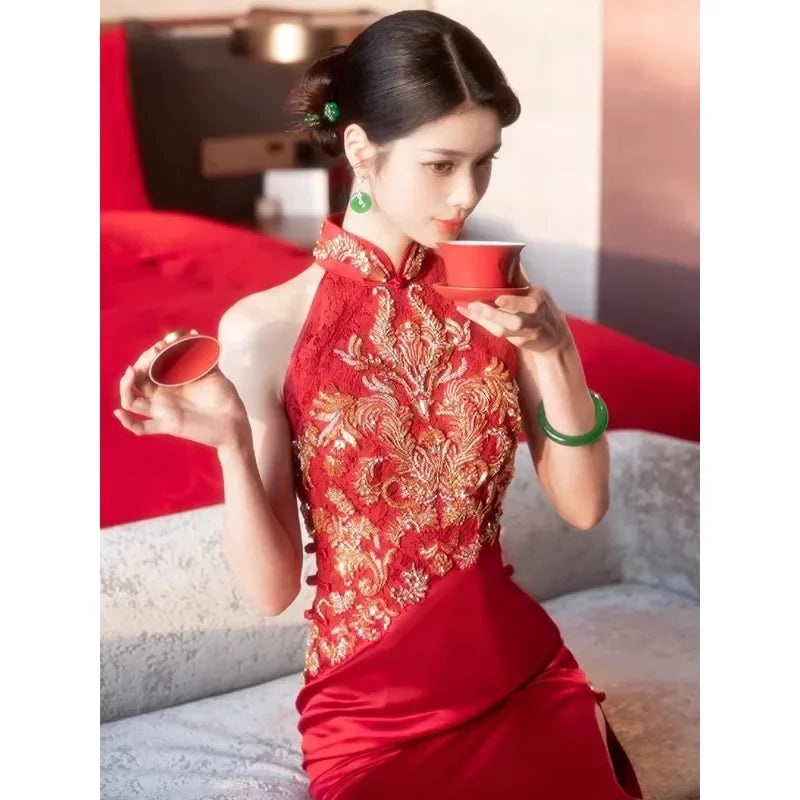 Autumn Traditional Chinese Clothing Qipao Red Sleeveless Stand Collar Embroidery Cheongsam Wedding Dress Elegant Evening Dress - Seprincess