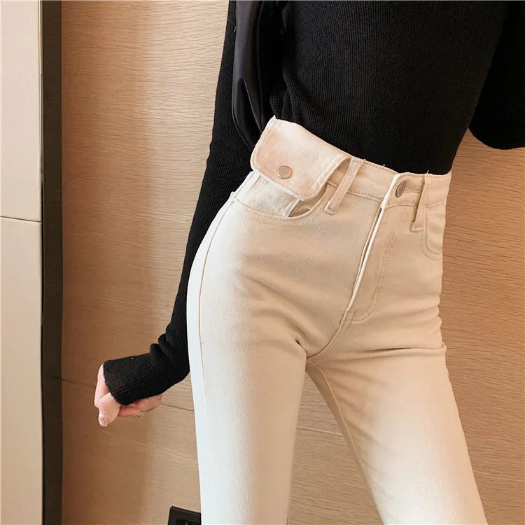 Jeans Women Spring 2023 Fashion Beige High Waist Leggings Skinny Label Pencil Pants Boots Pants