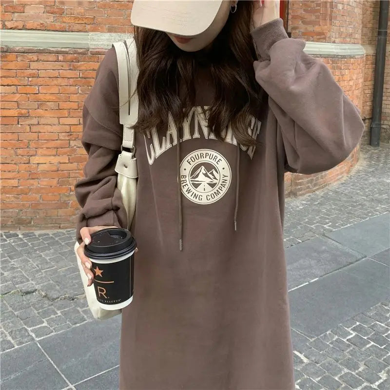 Autumn Winter Women Fleece Thicken Hooded Dress Print Letter Drawstring Korean Fashion Loose Midi Side Slit Oversized Dresses