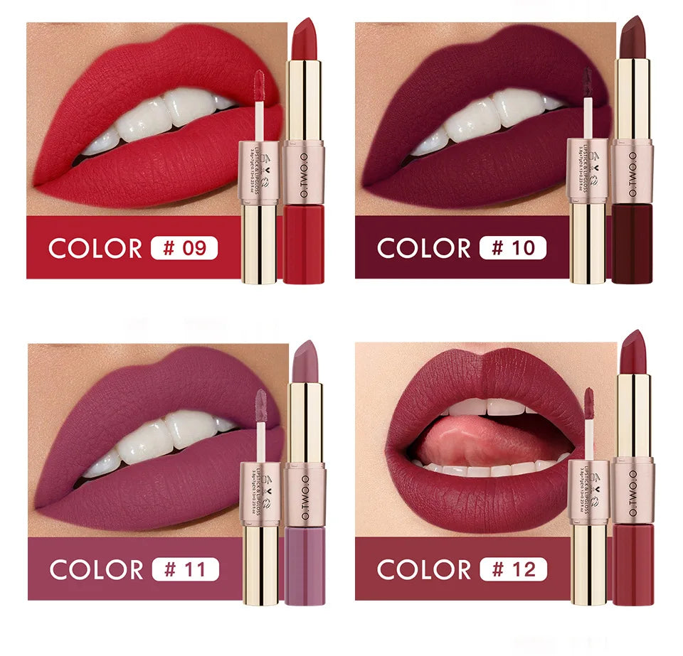 O.TWO.O 2 IN 1 Matte Lipstick&Liquid Lipstick 12 Colors Makeup Lip Glaze Waterproof Batom Lip Cosmetics Silky Texture - Seprincess