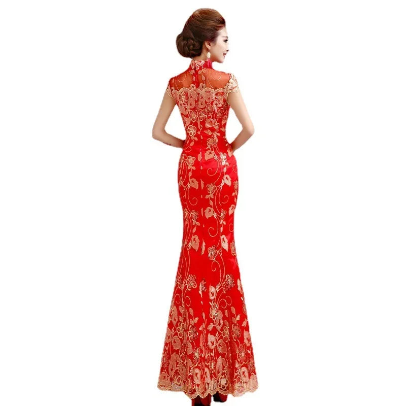 Red Chinese Wedding Dress Female Long Short Sleeve Cheongsam Gold Slim Chinese Traditional Dress Women Qipao for Wedding Party - Seprincess