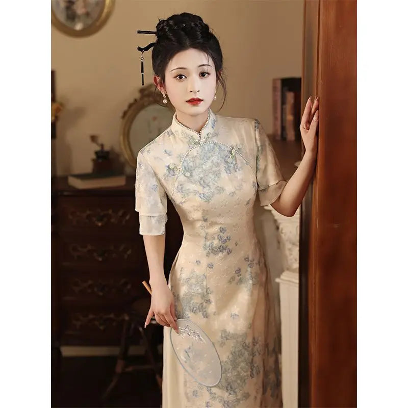 Improved Qipao 2024 New Summer Modern Chinese Style Blue Jacquard Short Sleeve Cheongsam For Women Youth Girls Long Party Dress - Seprincess