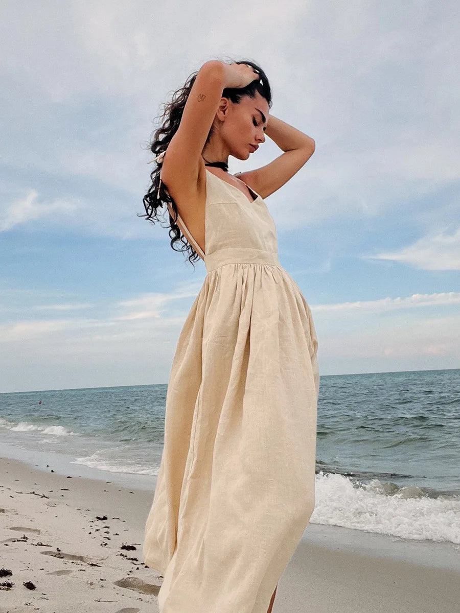 Bornladies Spring Summer Beach Style Women Dress Vintage Loose A-line Sling Dress Sexy Hot Girl 100% Cotton V-neck Dress - Seprincess