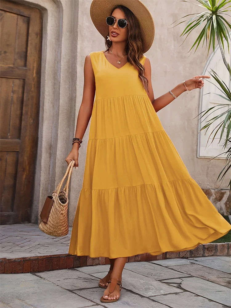 Y.KUKU 2024 Women Dress Summer Casual Brand Vacation Holiday Beach Long Dresses V-neck Loose Elegant Yellow Dress Femme - Seprincess