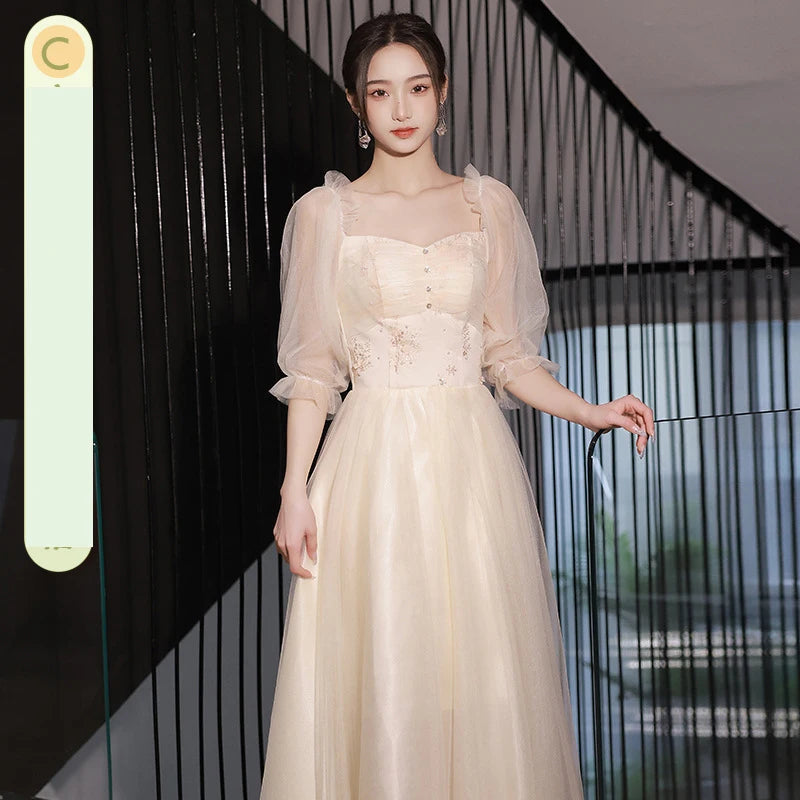 Champagne Bridesmaid Dress Women's Sweet Tulle Embroidery New Temperament Sisters Evening Dresses A-Line Wedding Party Gown - Seprincess