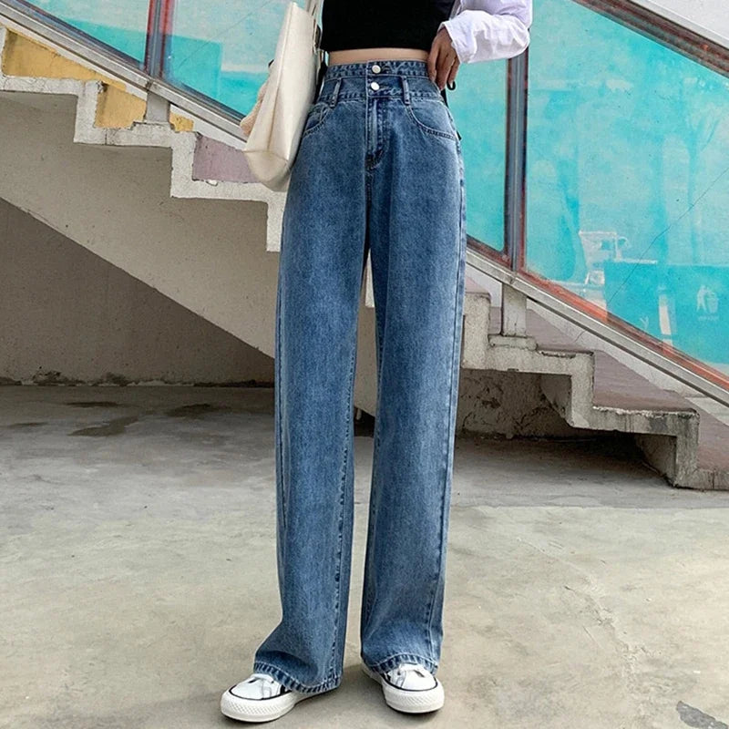 Woman High Waist Wide Leg Jeans Girls Fashion loose Straight Leg Pants Female Streetwear Light Blue Retro Blue Denim Trousers