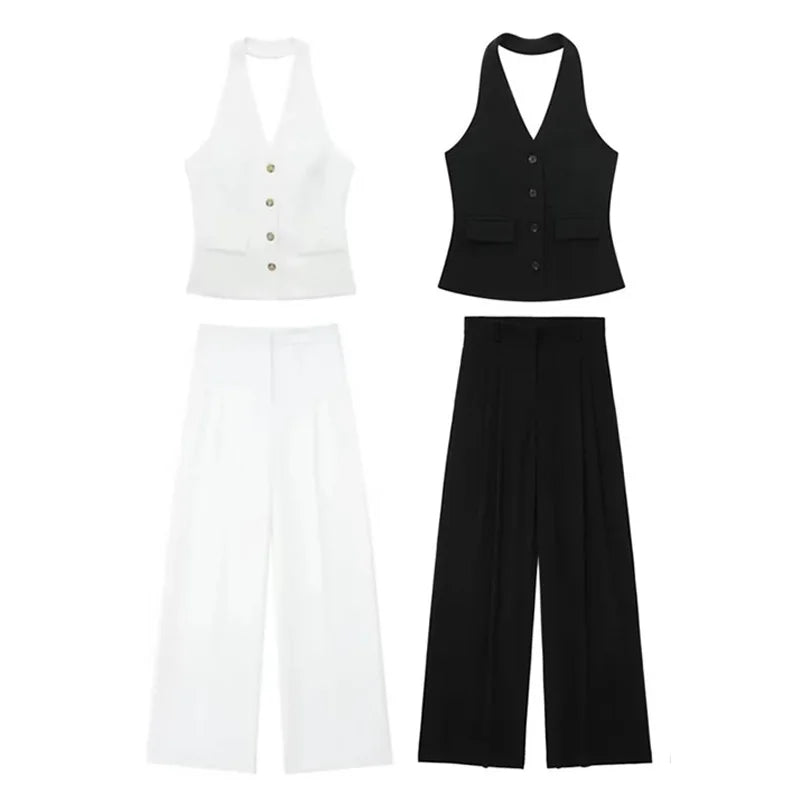 TRAF Women Pants Sets Off Shoulder Sleeveless Vest Top Female Wide Leg Pants Women 2 Piece Set Outfit Elegant Women's Pants Suit - Seprincess