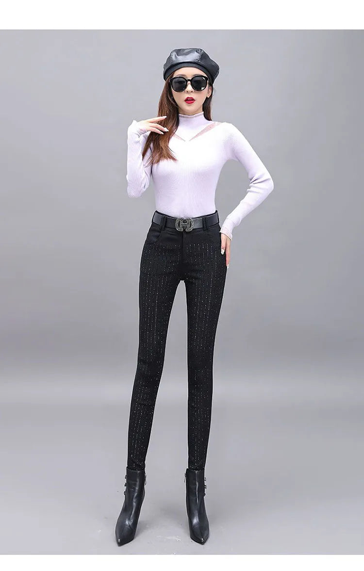 Rhinestone Black Denim Pencil Pants Women's Jeans Autumn New European Elastic Slim Fit High Waisted Strech Jean Pants for Women