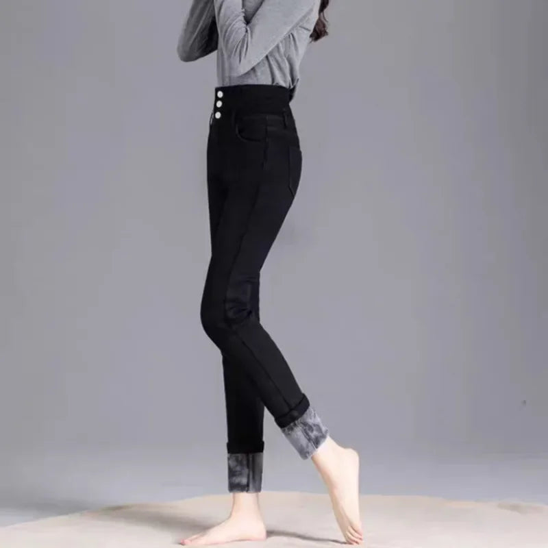 2024 Autumn/Winter New Solid Color Slim Fit Women's Jeans High Waist Buttoned Wool Lined And Thickened Pencil Leggings