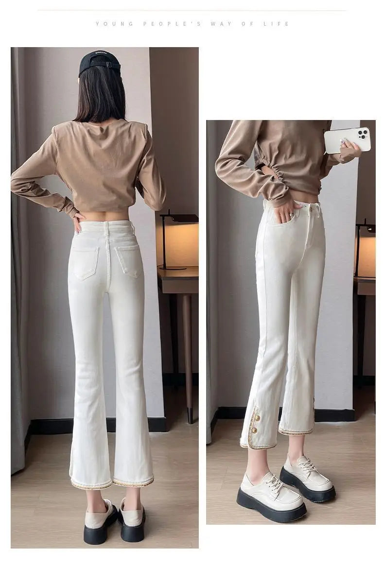 Winter Fashion Luxury Women's Clothing Slim Pants Elastic Force Solid Color Panelled Button Slit Straight Tube Cropped Trousers