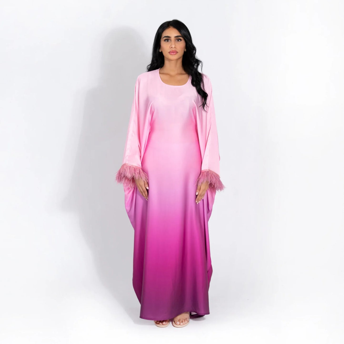 Fashion Shiny Feather Cuff Muslim Dress Robe Female Full Length Soft Butterflies Abaya Muslim Dress Worship Service Abaya wy2073 - Seprincess