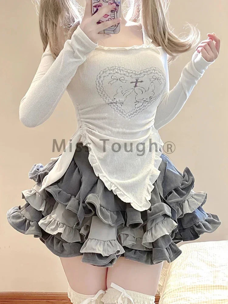 Autumn Japanese Kawaii Two Piece Set Women Sweet Rabbit Print Cute Skirt Suit Female Korean Slim Tops＋Princess Cake Skirt 2024 - Seprincess