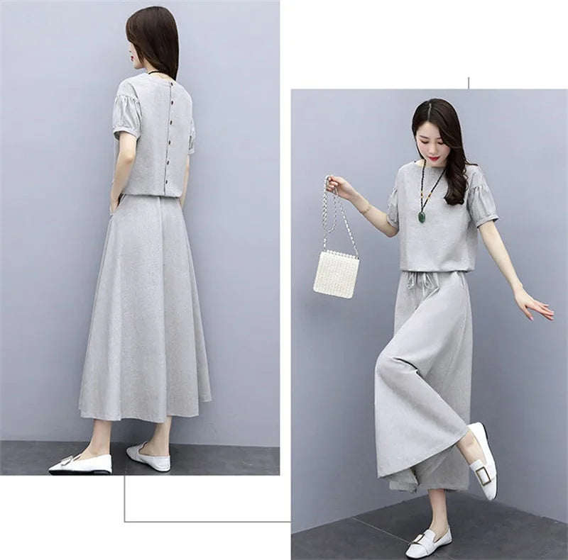 Cotton Linen Skirt Two-Piece Women's Summer 2024 New Set Slim Skirts Sleeve Suit Skirts Fashion 2PCS Temperament Female Outfit - Seprincess