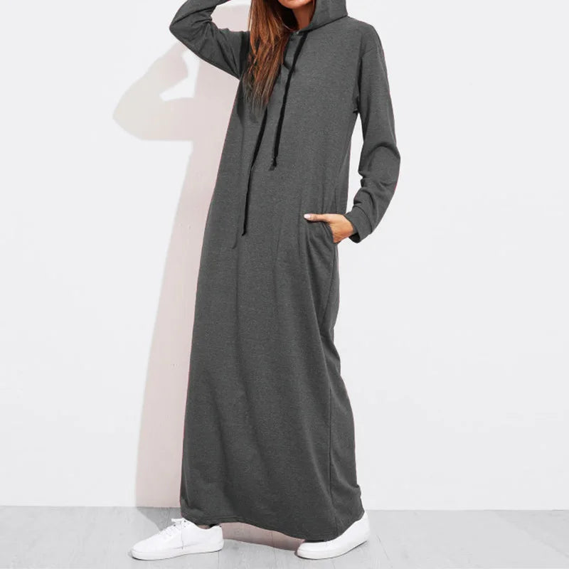 Celmia 2024 Autumn Women Hooded Maxi Dress Casual Solid Long Sleeve Pockets Party Hoodies Dress Long Vestido Robe Drawstring