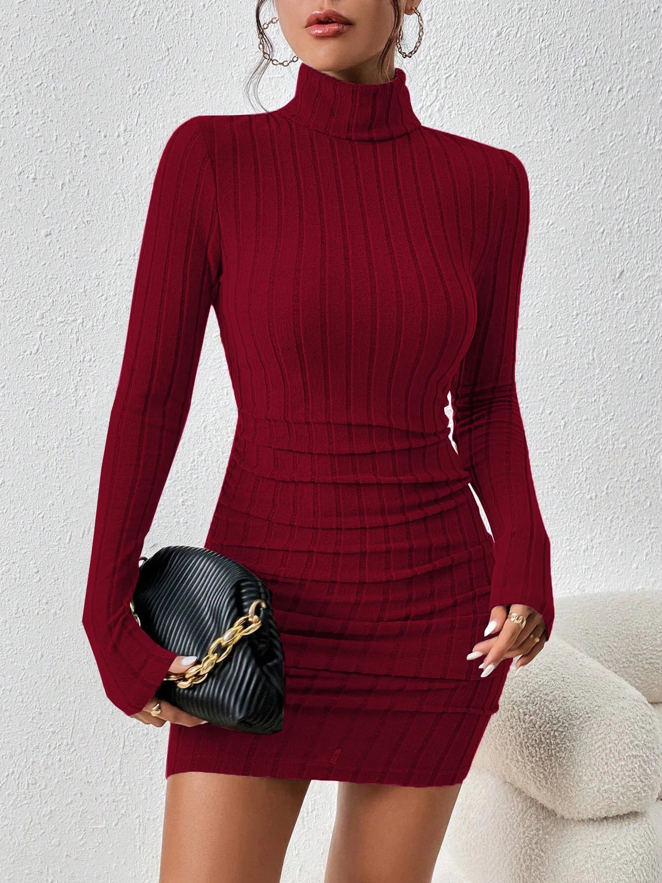 Women's Elegant Sexy Dress Autumn and Winter 2024 Burgundy Simple Style Turtleneck Short Slim New Fashion - Seprincess