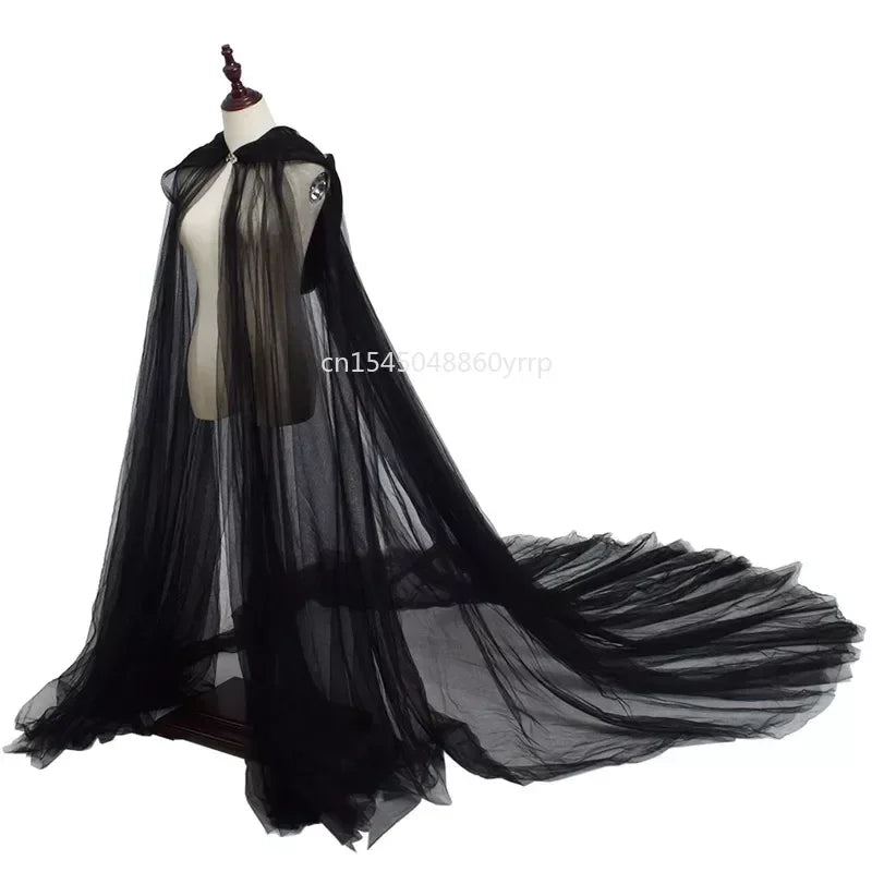 Women Medieval Fairy Shawl Cape Chiffon Gothic Wicca Robe Black White Cosplay Victorian Dress Cloak Halloween Costume for Women - Seprincess