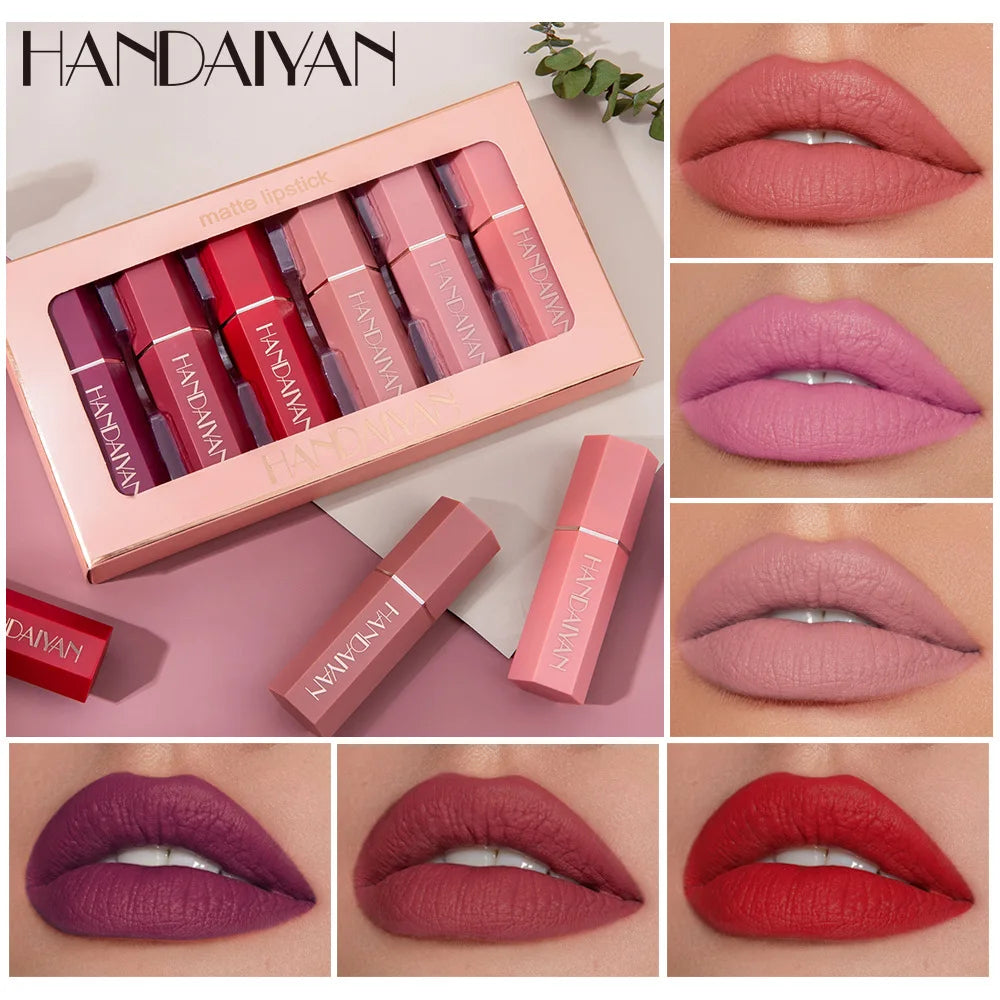 Handaiyan 6 Pcs Matte Waterproof Velvet Nude Lipstick Sexy Red Brown Pigments Makeup Long Lasting Profissional - Seprincess