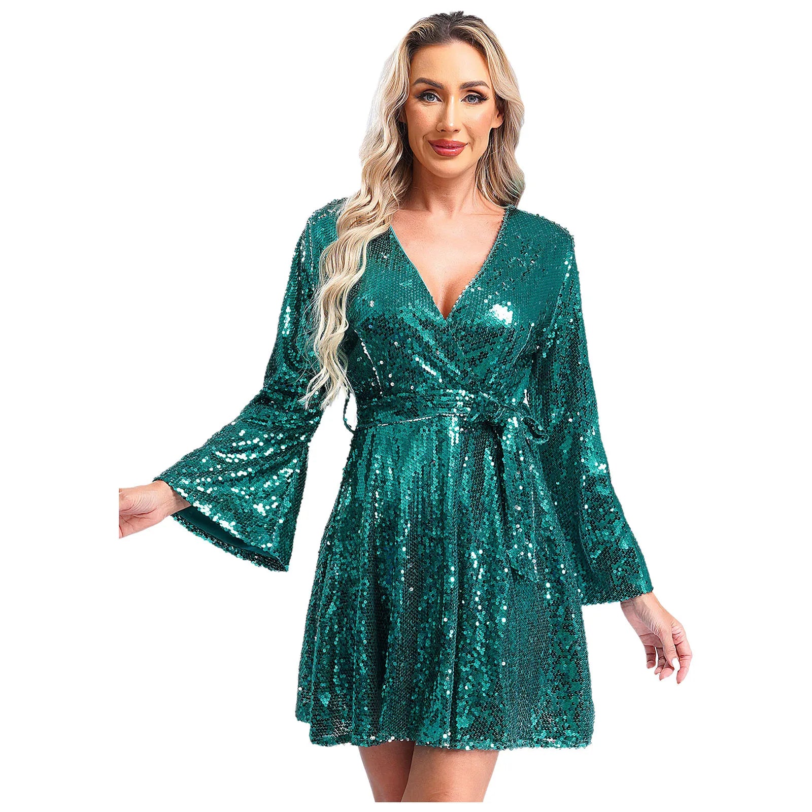 Fashion Women's Dress Clubbing Prom Vestidos V Neck Loose Sequin Dresses Long Sleeve Gown for Cocktail Party Prom Evening Robe - Seprincess