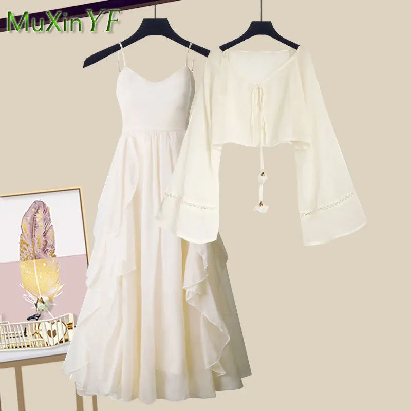 Women's 2024 Summer New Dress Matching Set Korean Elegant Loose Sunscreen Shirt+Sling Skirt Two Piece Female Chic Clothing Suit - Seprincess