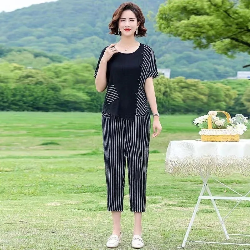 Vintage Cotton Linen Suit for Women Pants Short Sleeve Blouses Loose 2 Piece Sets Summer Womens Outfits Trouser Suits - Seprincess