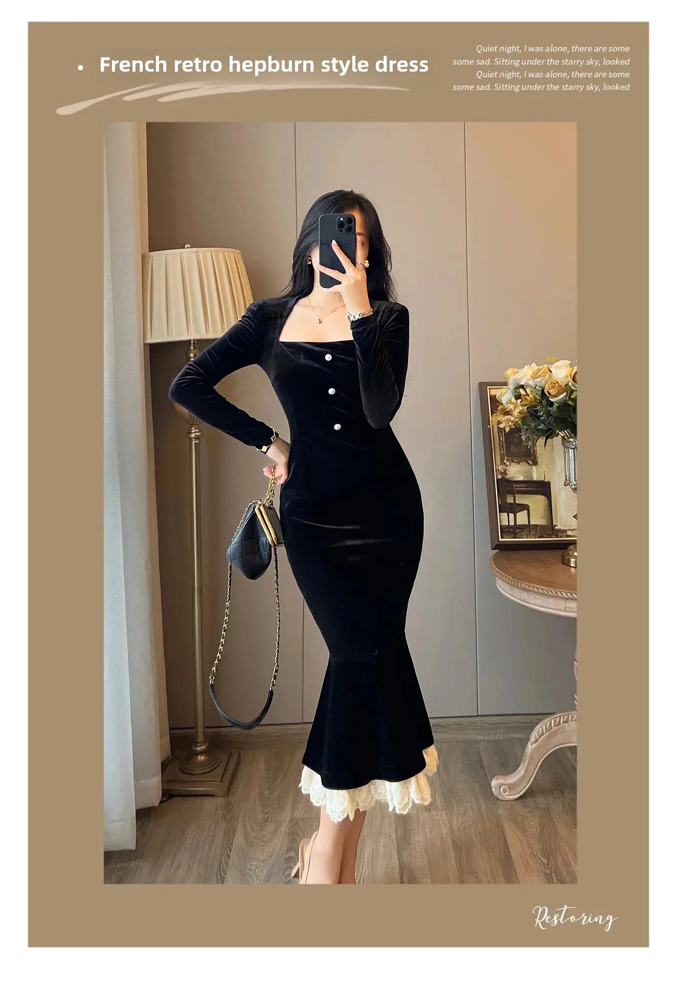 Elegant French Haban Style Fish Tail Skirt Spring Autumn Soft High Class Square Collar Long Sleeve Black Velvet Long Dress - Seprincess