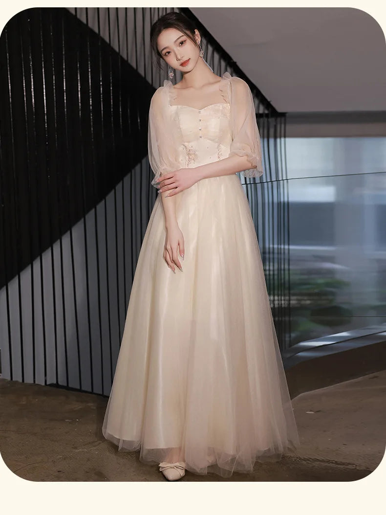 Champagne Bridesmaid Dress Women's Sweet Tulle Embroidery New Temperament Sisters Evening Dresses A-Line Wedding Party Gown