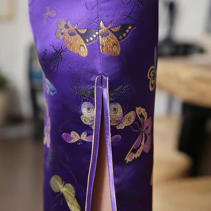 Short Sleeve Long Qipao Purple Brocade Satin Cheongsam Female Sexy Butterfly Flower Qipaos Chinese Style Banquet Gown Vestidos - Seprincess