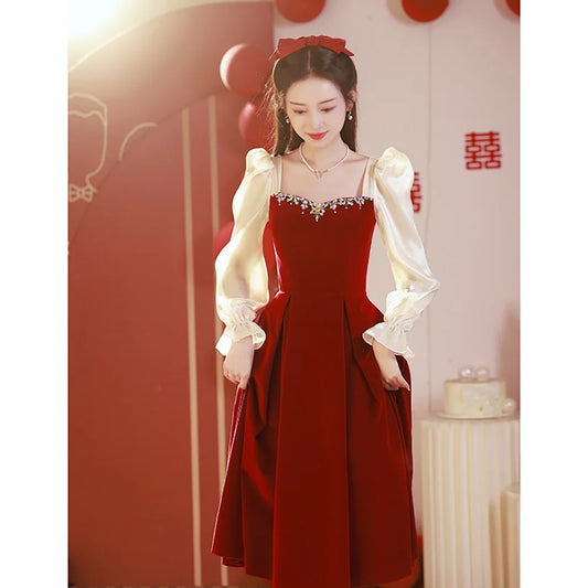 Formal Red Evening Dress for Women Bride Wedding Party Luxury Long Sleeve Square Collar Engagement Dresses Diamond Prom Dress - Seprincess