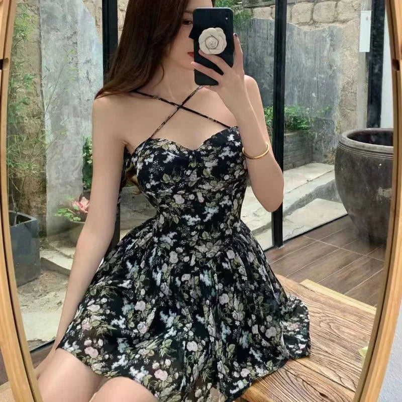 2024 New Fashion Women's Summer French Vintage Floral Suspender Dress Female Sweet and Spicy Wind Lace Short Skirt Female - Seprincess