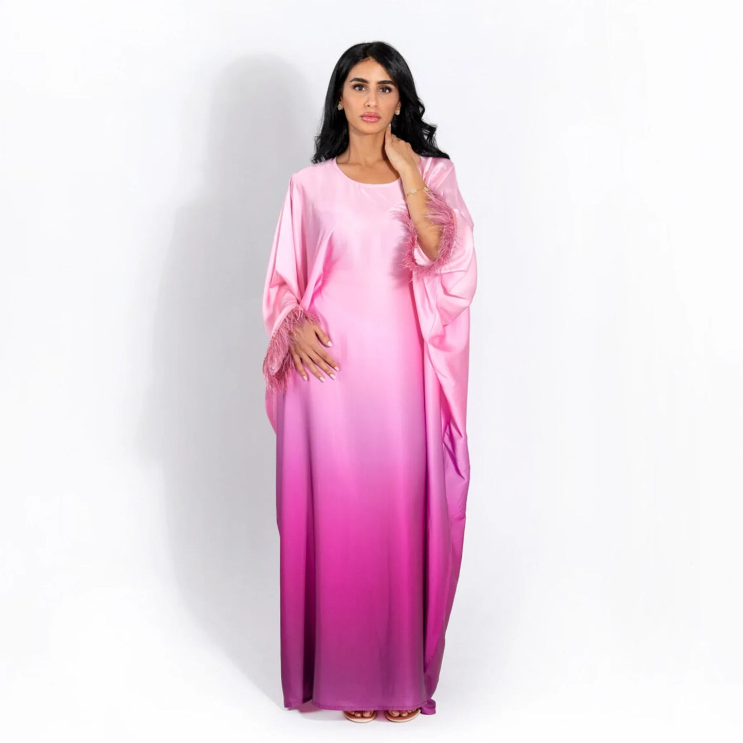 Fashion Shiny Feather Cuff Muslim Dress Robe Female Full Length Soft Butterflies Abaya Muslim Dress Worship Service Abaya wy2073 - Seprincess