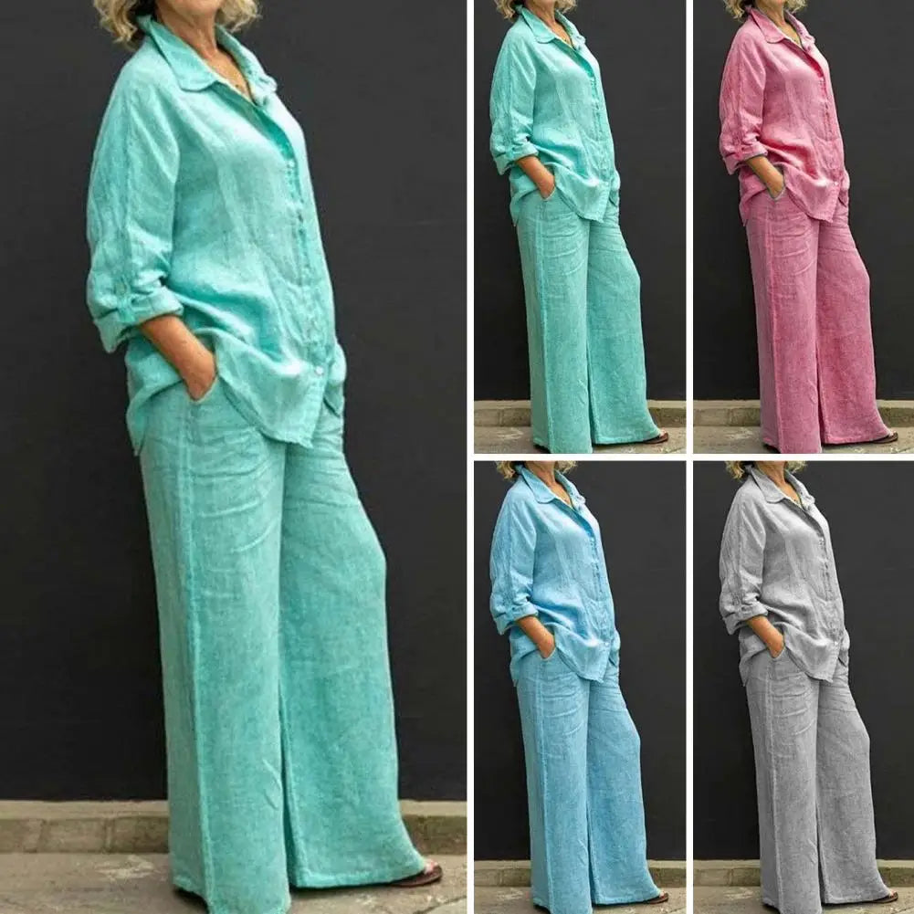 Women Cotton Linen Suits 2023 Elegant Solid Long Sleeve Shirt Wide Leg Trousers Two Piece Set Female Casual Straight Pants Suits - Seprincess