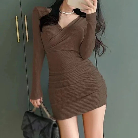 Long Sleeved Sexy Dress Women Clothing Autumn Winter Tight Fitting Skirt Appear Thin Wrap Buttocks Dresses - Seprincess