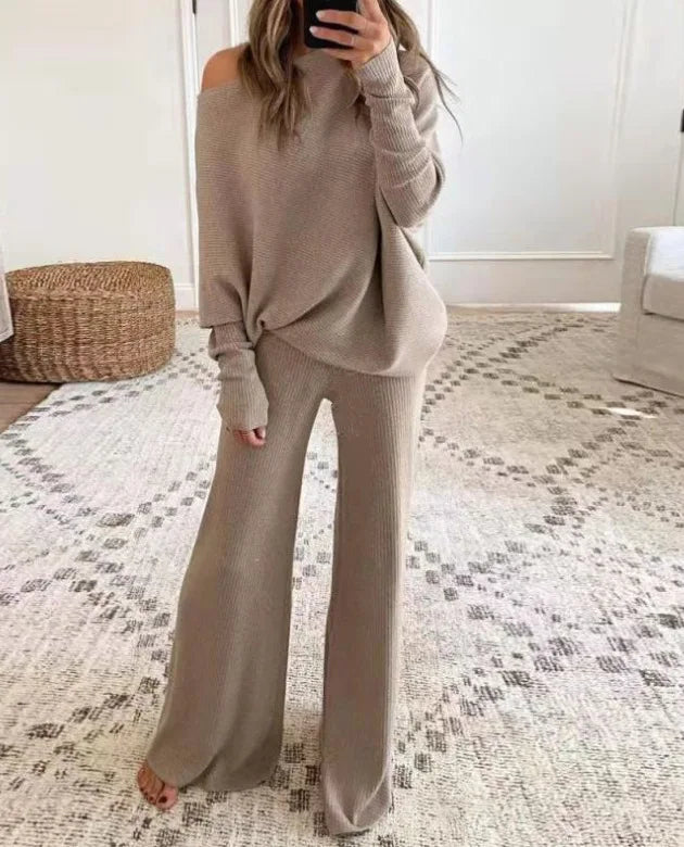 Fashion Long-sleeved Bateau Collar Top + Wide-leg Pants 2-piece Set Women Elegant Autumn Solid Color Knitted Loose Suit Female - Seprincess