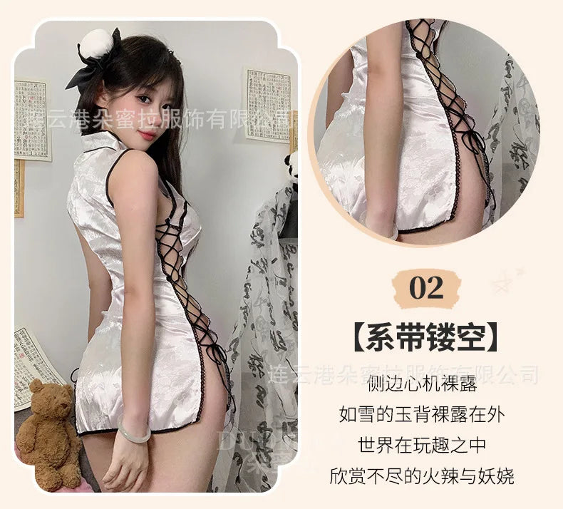 Sexy Cheongsam Mini Dress Mesh Lace Sheer Charming Underwear Uniform Transparent Slim Side Straps Dress Elegant Tops HE1O - Seprincess