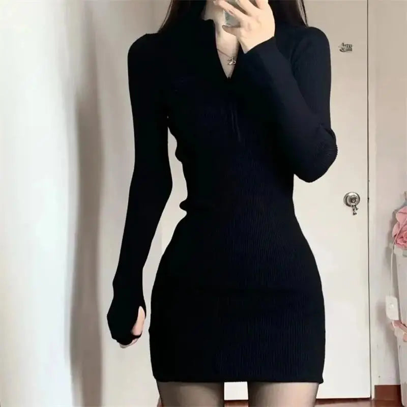 Long Sleeve Dresses for Women Black Sexy Club Bodycon Mini Dress Y2k High Waist Ladies Korean Short Dress Basic Autumn Winter - Seprincess