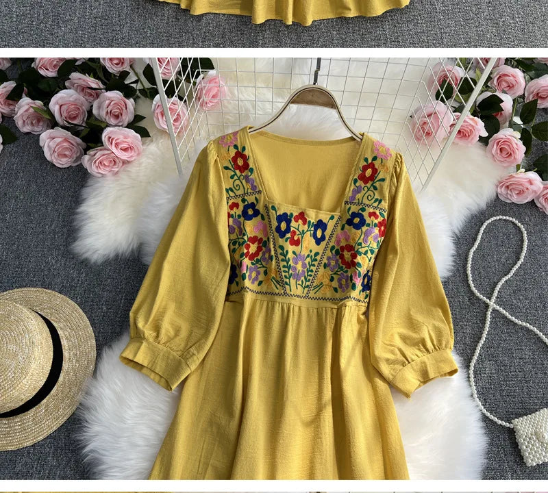 Spring/Summer Women's Travel Vacation Vintage Long Dress Bohemian Ethnic Style Embroidered Waist Tie up Cotton and Linen Dress ? - Seprincess