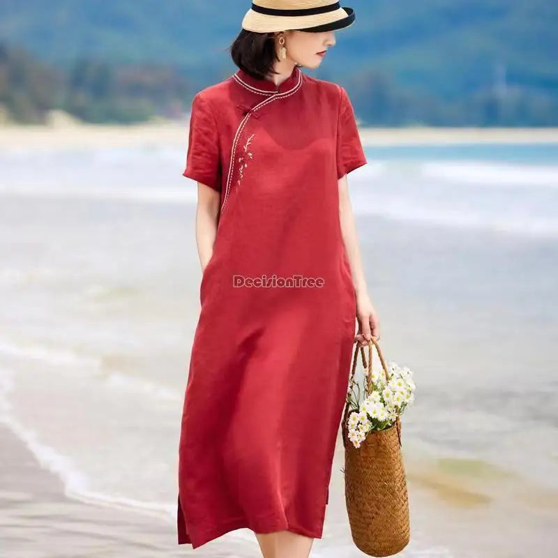 2023 chinese red women loose casual improved cheongsam dress summer new short-sleeved cotton linen embroidery qipao dress s494 - Seprincess