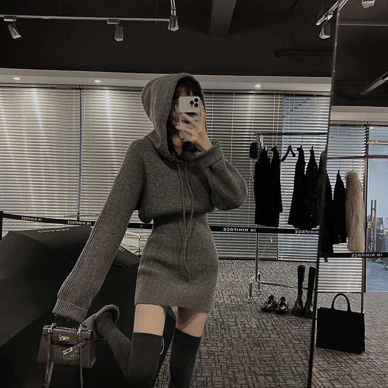 MEXZT Streetwear Knitted Mini Dress Women Hooded Sweater A Line Dresses Winter Korean Solid High Waist Slim Casual Vestidos New - Seprincess