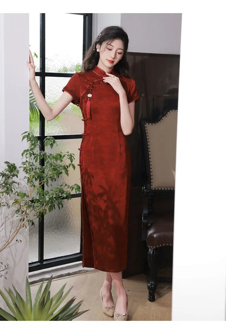 Wine Red Qipao Cheongsam 2023 Chinese Dress Women Classic Mandarin Collar Bridal  Evening Party Gown Young Girls Long Dress - Seprincess