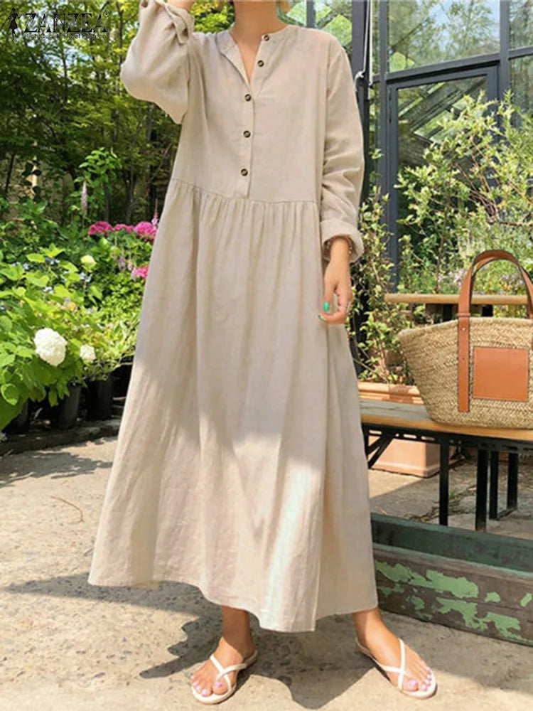 Women's Elegant Solid Cotton Robe Femme 2022 Spring Autumn Bohemian Maxi Dress ZANZEA Casual Long Sleeve Shirt Dresses Oversized - Seprincess