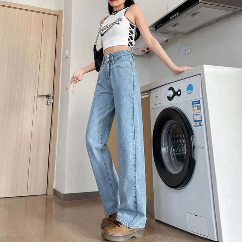 Fashion Denim Jeans Women Casual Autumn Spring Button Design Pants Loose Straight Brand High Quality New Arrivals Trousers