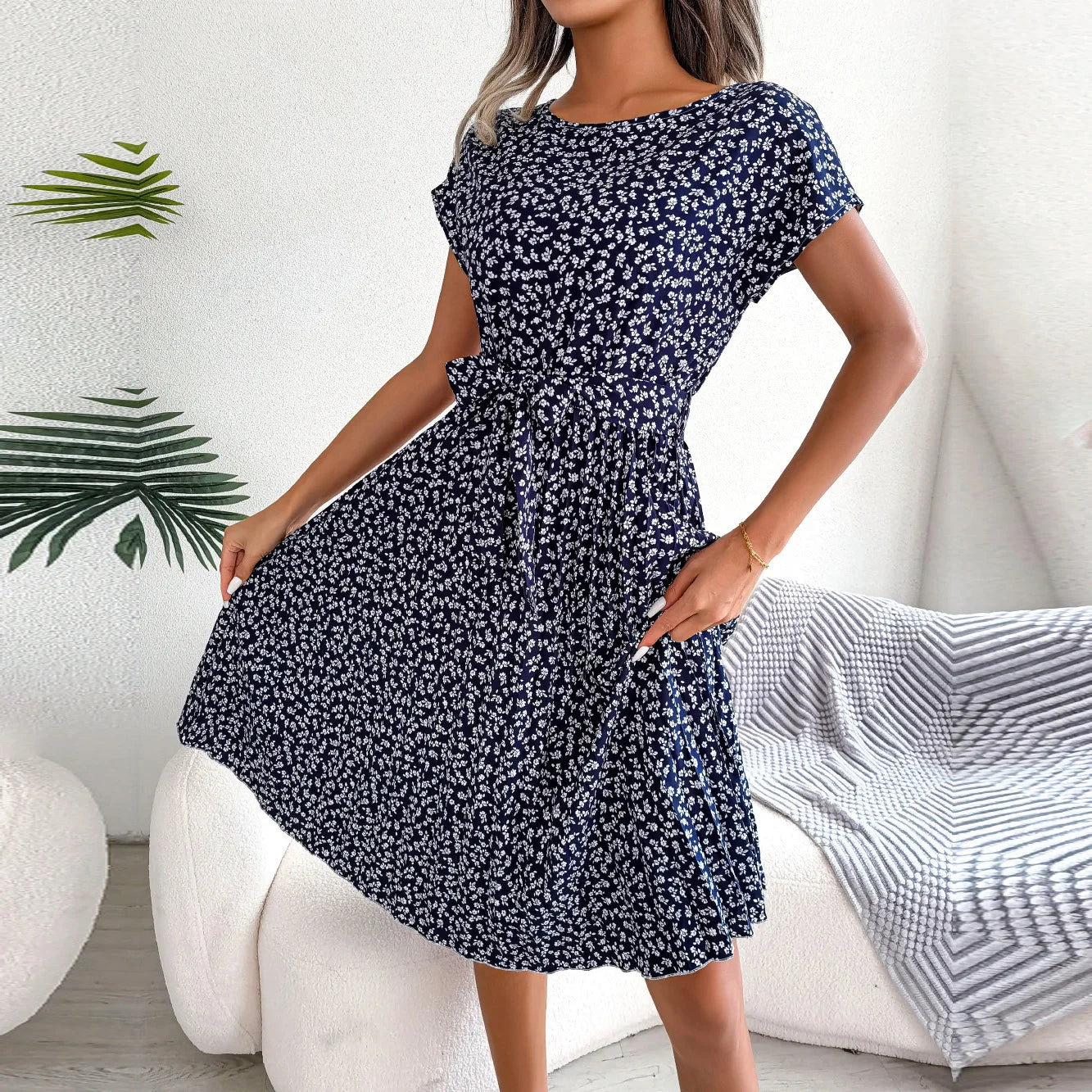 Women Spring Summer Short Sleeve High Waist Chic Dress Fashion Floral Pleated A Line Long Dress - Seprincess