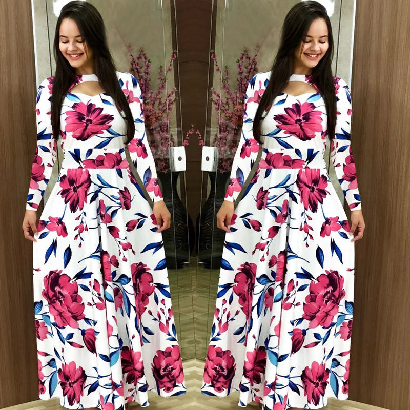 Spring /Autumn Fashion Flower Long Sleeved O-Neck Hollow Slim Fit Dress Women Elegant Long Vestido Maxi Clothes Robe Sexy Femme - Seprincess