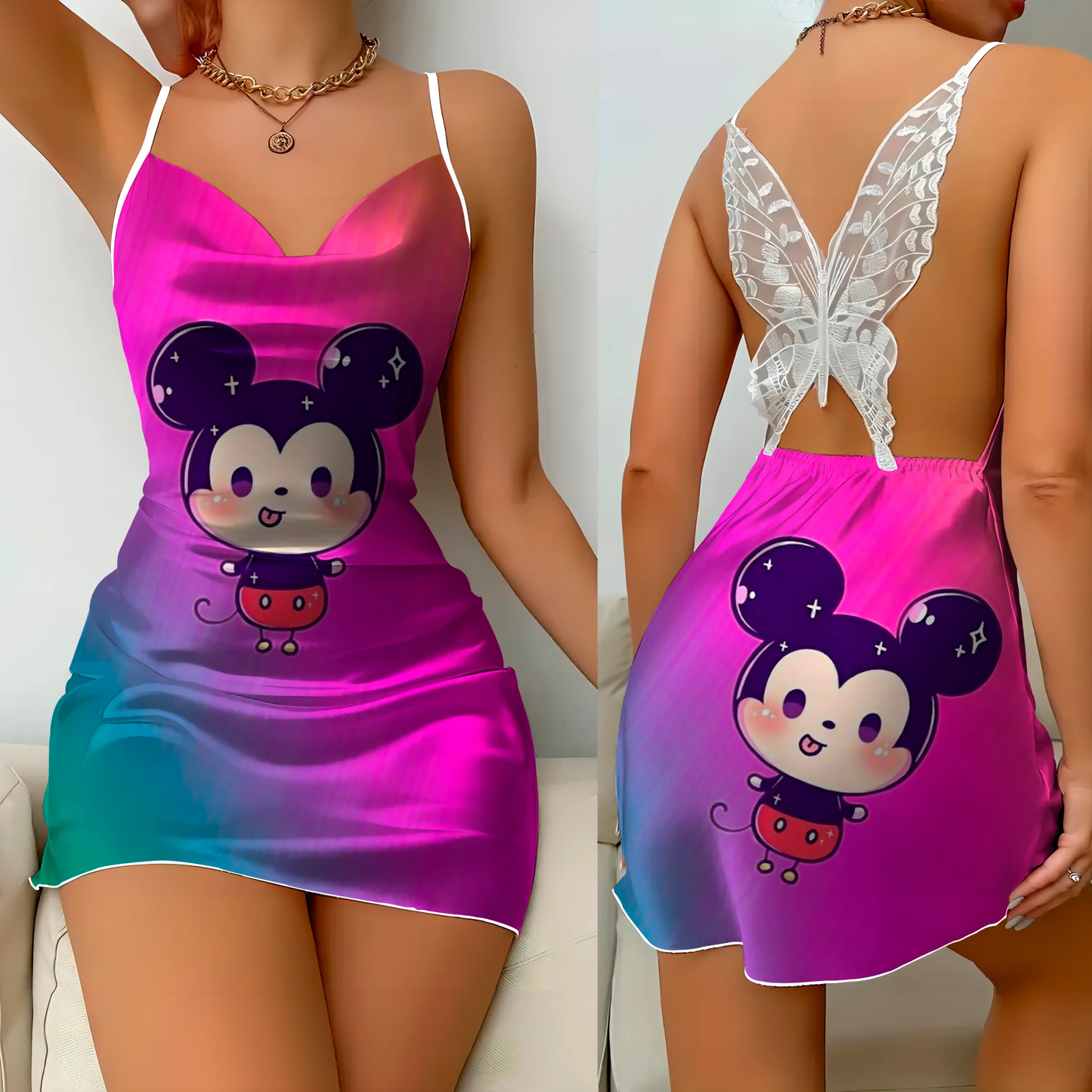 Mini Dress Pajama Skirt Bow Knot Party Dresses Satin Surface Minnie Mouse Disney Mickey Womens Fashion Summer 2024 Elegant Women - Seprincess